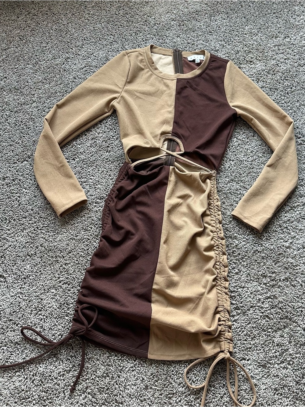 HYFVE Brown and Tan Colorblock Long Sleeve Cutout Dress